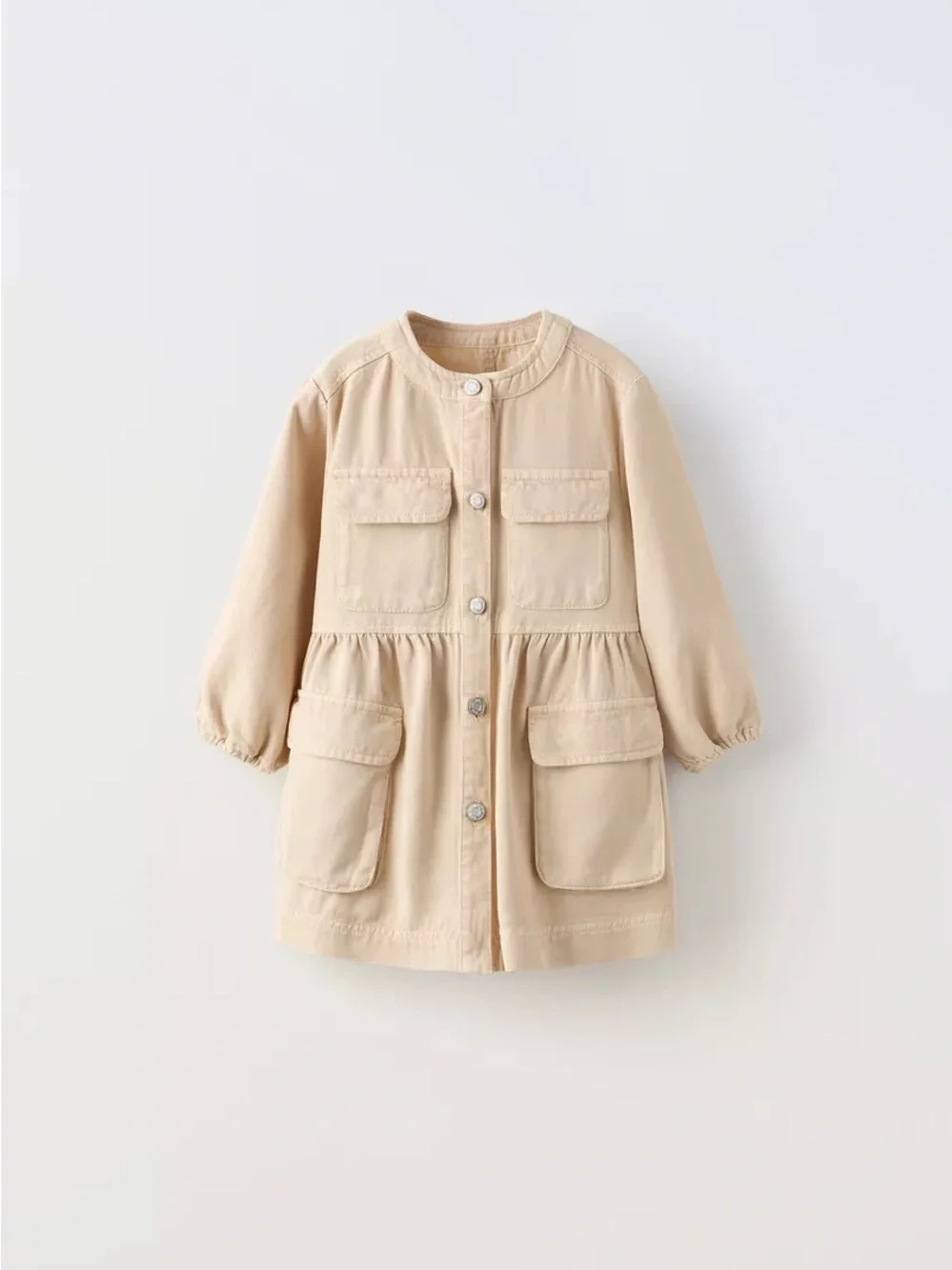 Zara Beige Button-Front Pocketed Kids Dress
